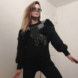 Vintage 80's Raphael H sweater w/ fur, embroidery & buttons